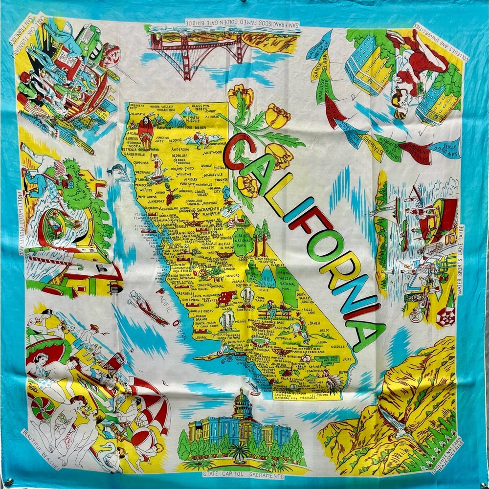 Vintage 1940s California Souvenir Map SILK Scarf Turquoise Yellow Red Oversized